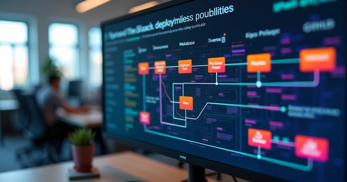 Dashboard colorida mostrando fluxos de deploy de ferramentas open source 