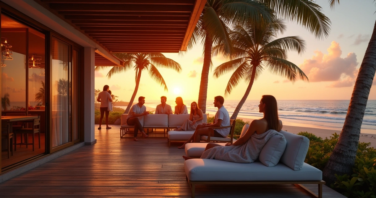 Casa de praia espaçosa com amigos reunidos na varanda durante entardecer 
