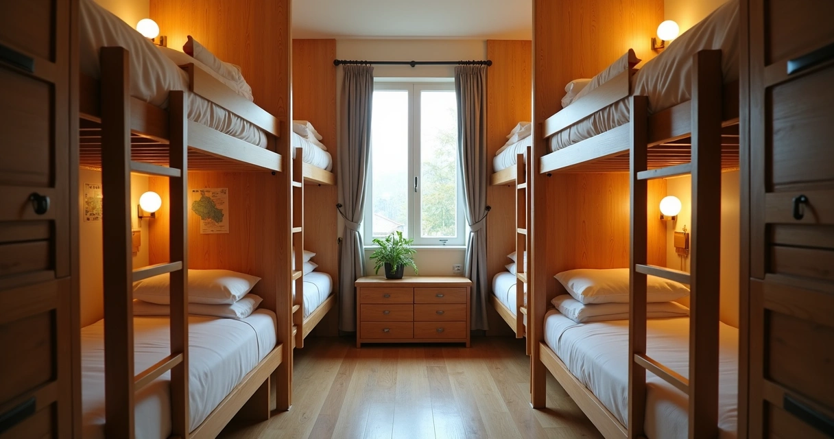 Quarto de hostel aconchegante com beliche e luz suave 