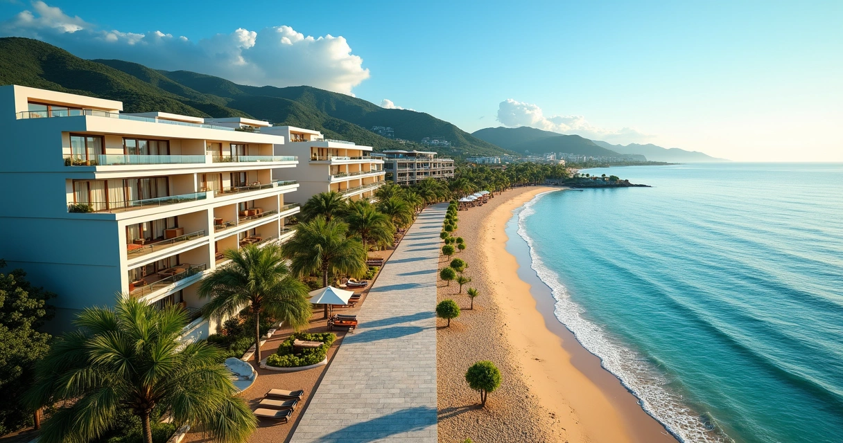 Vista aérea de condomínio de frente para o mar em Jurerê Internacional em dia ensolarado 