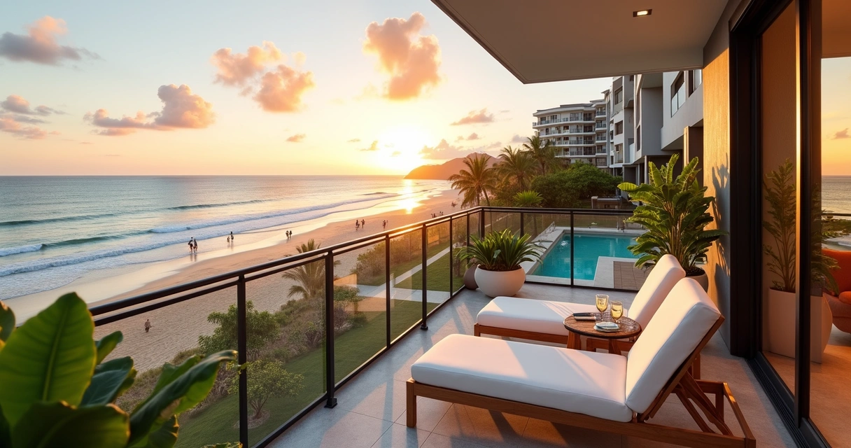 Varanda de apartamento em Jurerê Internacional com vista para o mar ao entardecer 