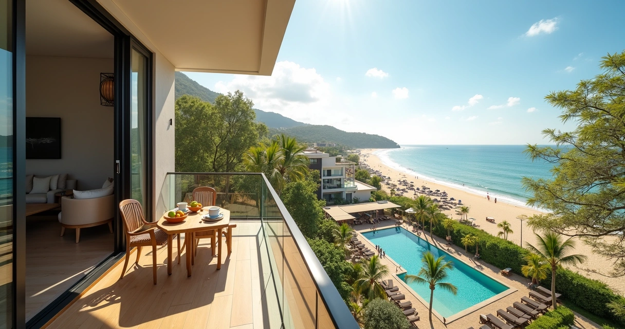 Varanda de apartamento em Jurerê com vista para o mar e condomínio arborizado 