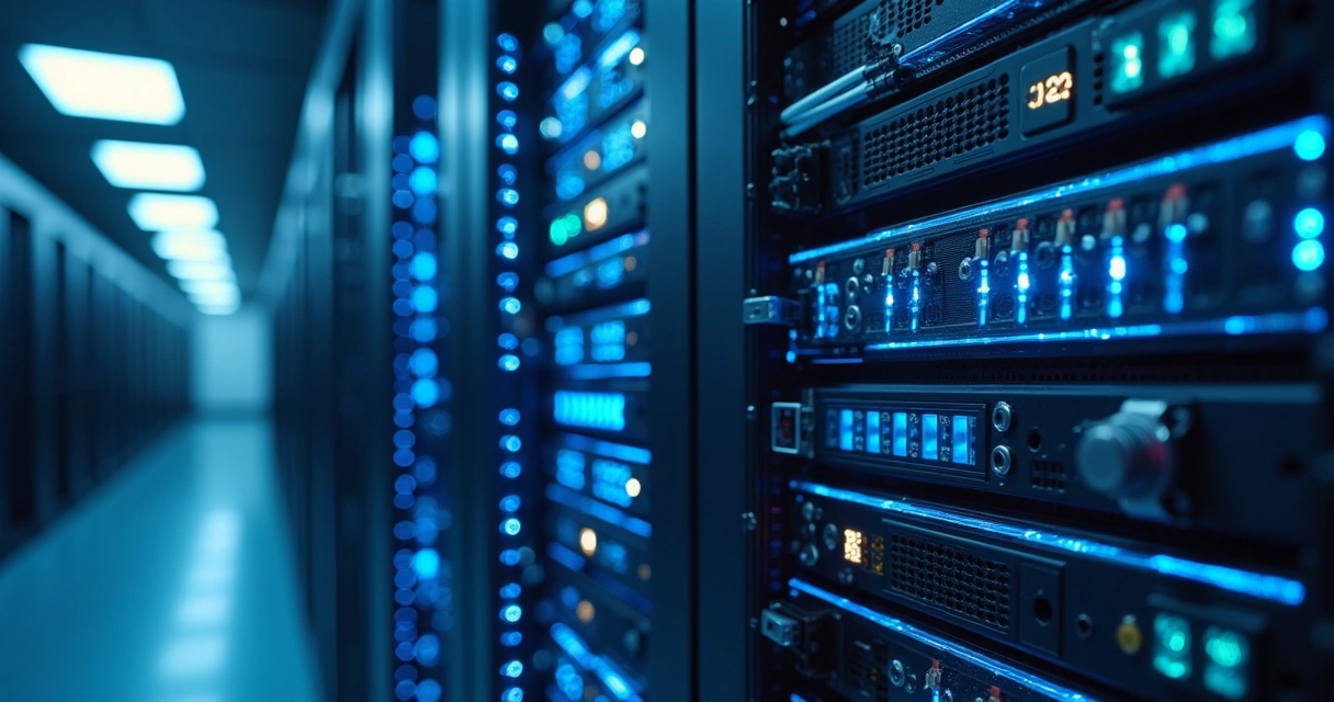 Servidor robusto iluminado de azul em data center moderno 