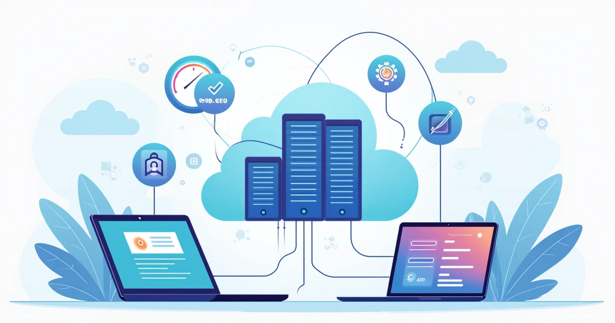 Ilustração de servidor em nuvem conectado a site rápido em laptops e smartphones 