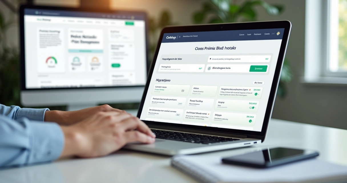 Profissional escolhendo hospedagem de site institucional em painel de controle na tela do notebook 