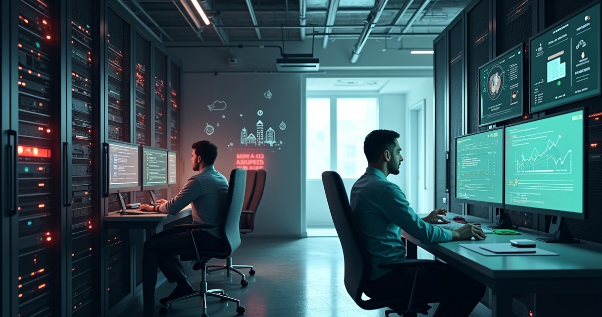 Comparação visual entre servidor caótico e painel moderno de hospedagem 