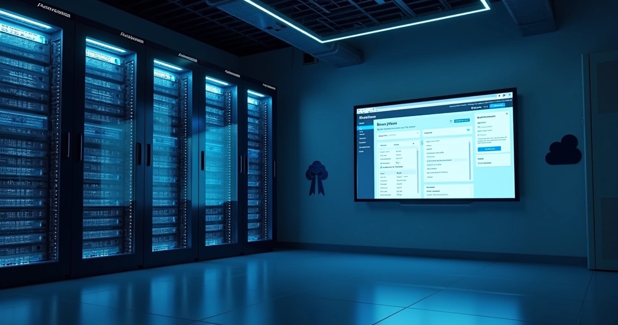Servidor de hospedagem em rack moderno com tela exibindo painel WordPress 