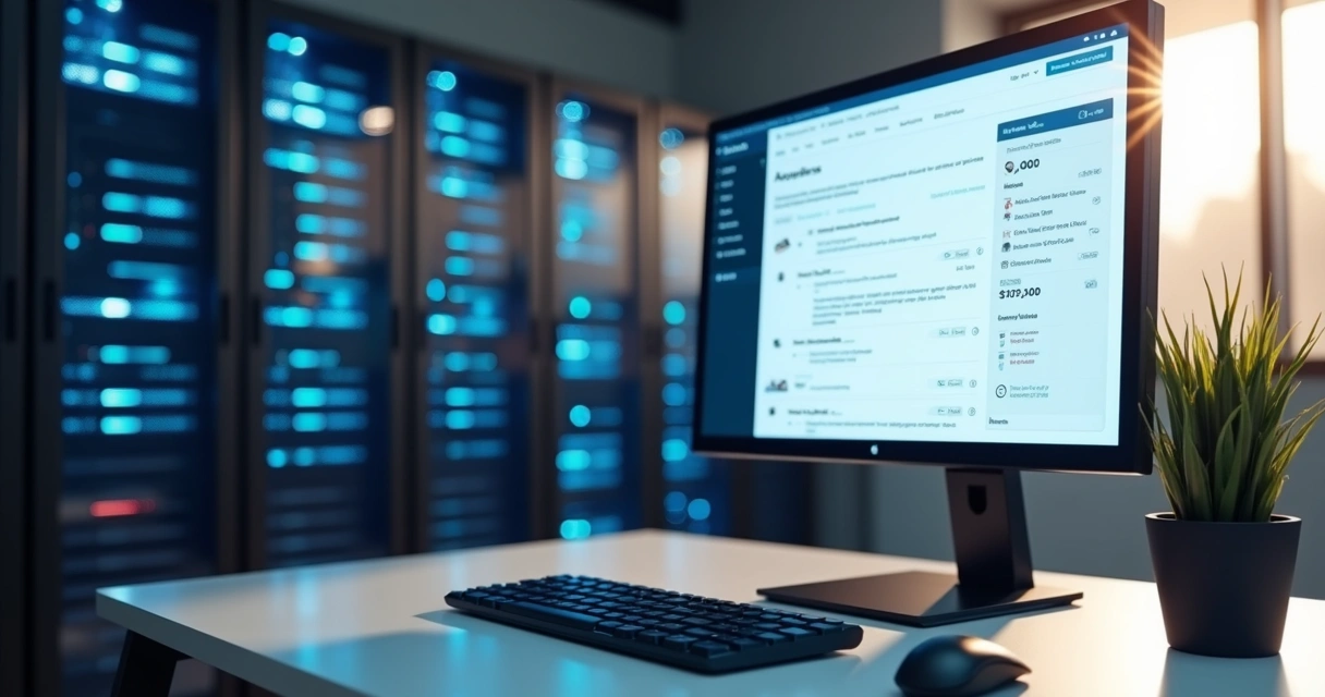 Tela de computador mostrando painel de controle WordPress com templates otimizados e infraestrutura de servidor em segundo plano 
