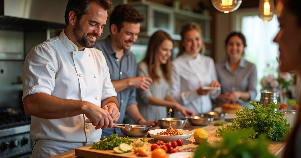 Hóspede participando de oficina de gastronomia com chef em hotel 
