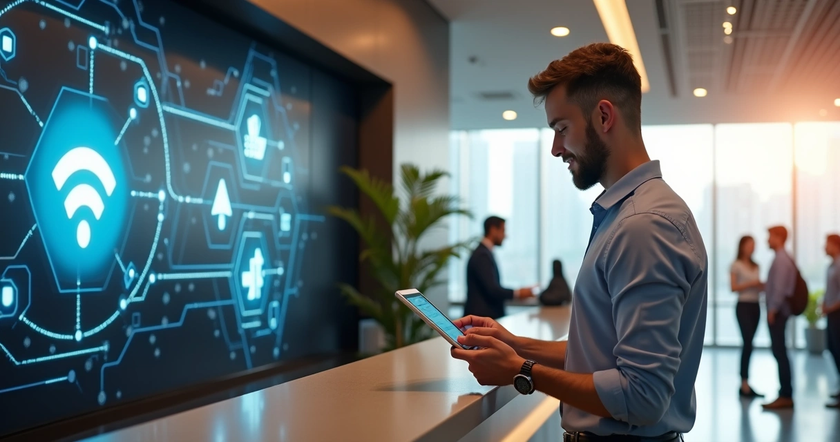 Hóspede usando tablet para fazer check-in digital no lobby do hotel 