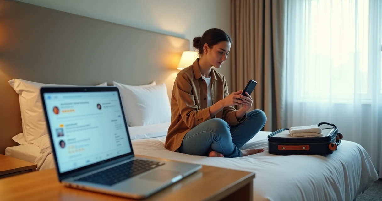 Hóspede grava review em vídeo no quarto do hotel com notebook mostrando avaliações na tela 