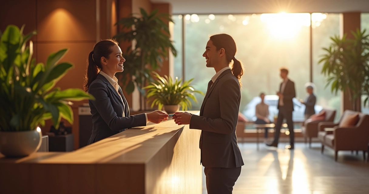 Hóspede na recepção de hotel sendo atendido 