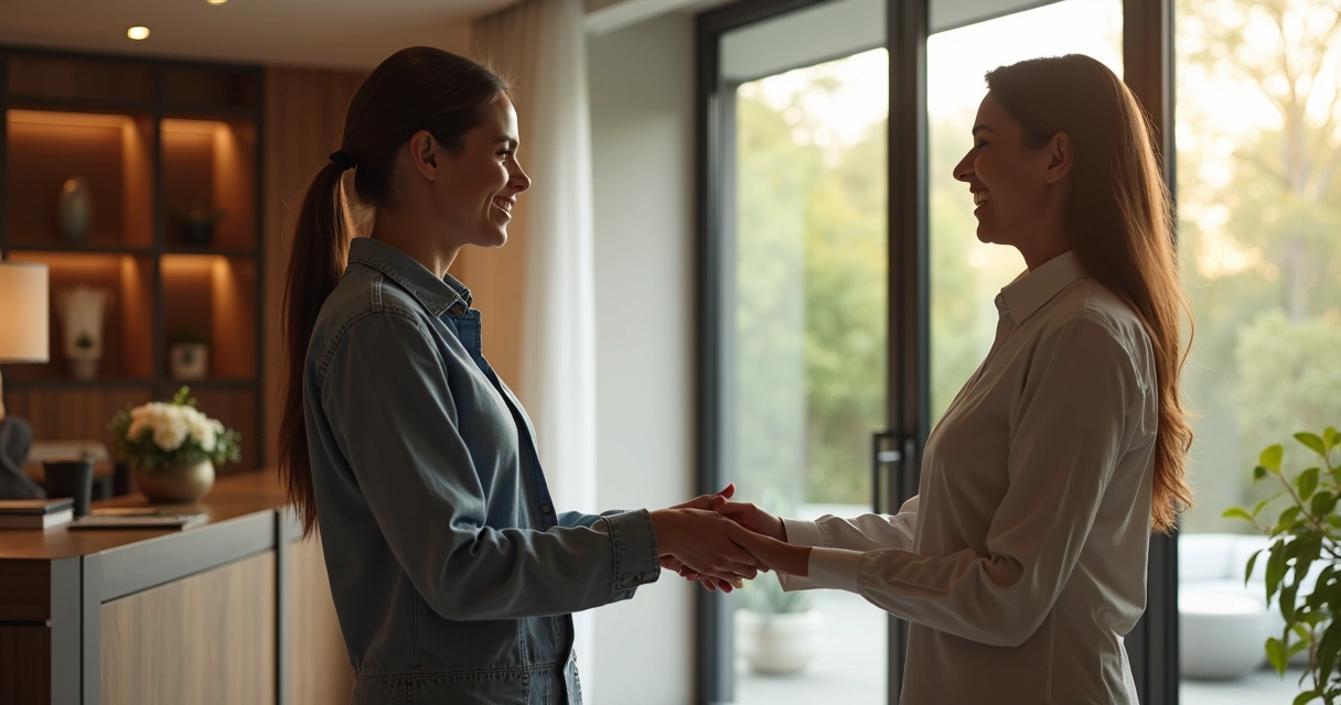 Recepcionista oferecendo solução a hóspede na recepção 