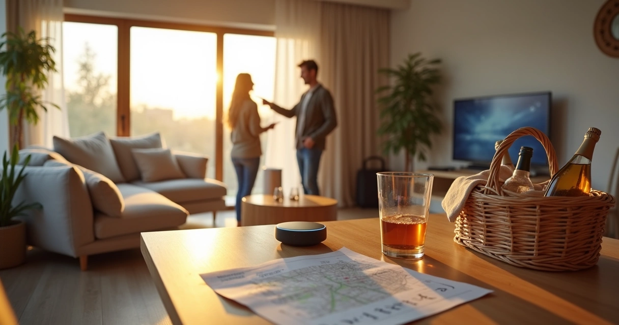 Hóspedes em apartamento de temporada recebendo mimos personalizados sobre a mesa 