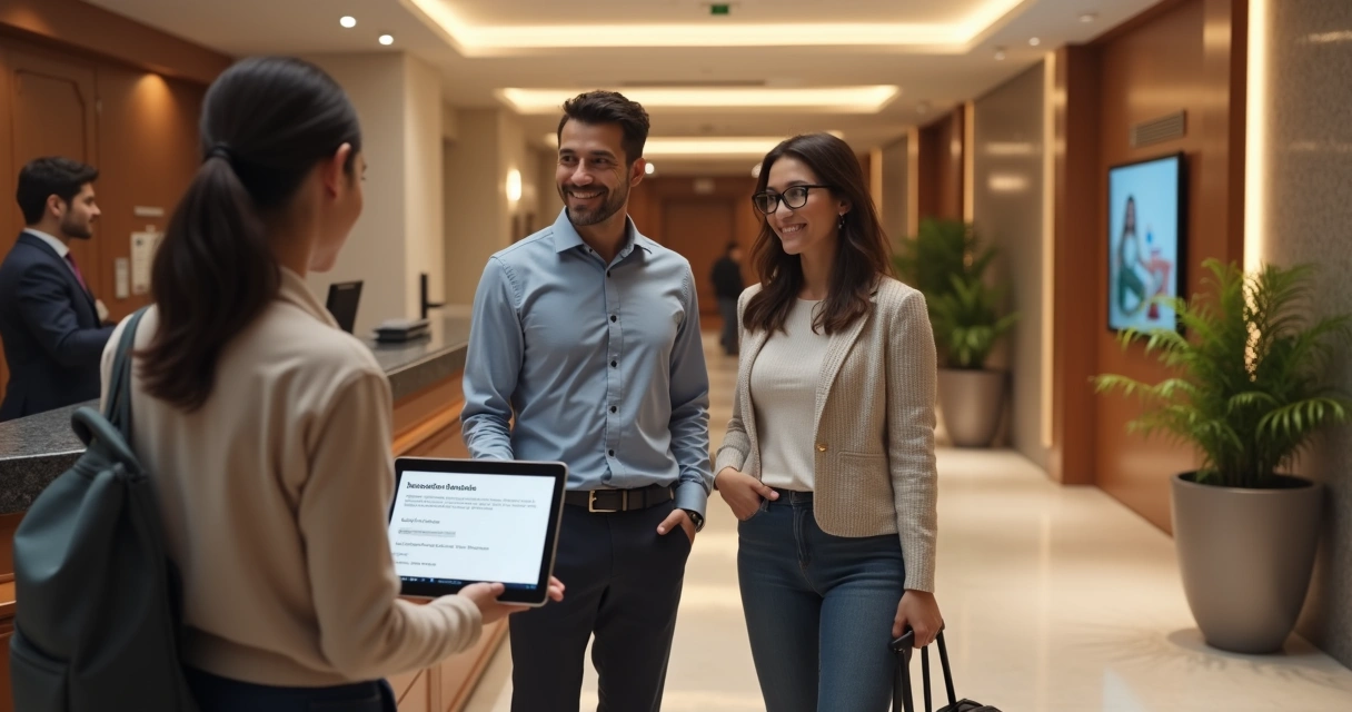 Recepção de hotel com hóspedes fazendo check-in e atendente com tablet 