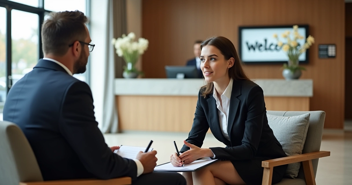 Entrevista com hóspede e gestor em recepção de hotel 