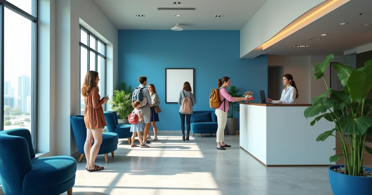 Hóspedes em lobby moderno de hotel azul conversando com recepcionista 