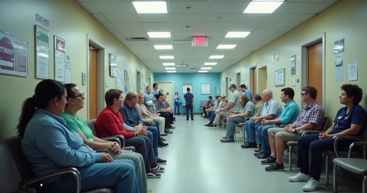 Sala de espera de um hospital em Orlando, pessoas aguardando por atendimento 