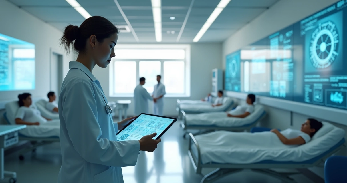 Profissional de saúde usando tablet para integrar dados médicos em hospital público moderno 