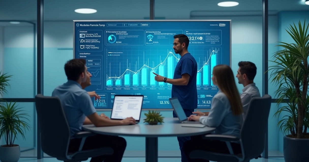 Equipe de gestão hospitalar analisando dashboard digital 