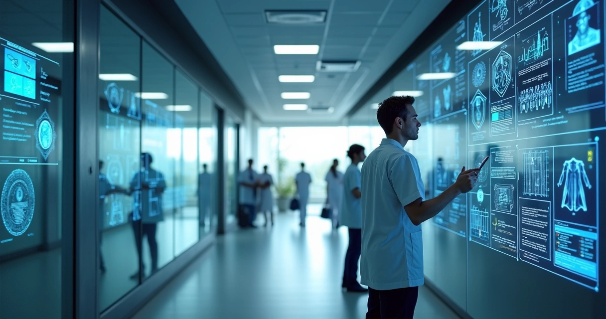 Corredor de hospital digital com painéis de informação integrados e profissionais interagindo com telas touch 