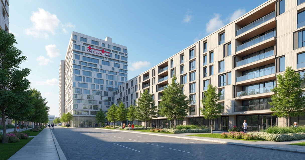 Prédio residencial moderno próximo a hospital com fachada clara e árvores ao redor 