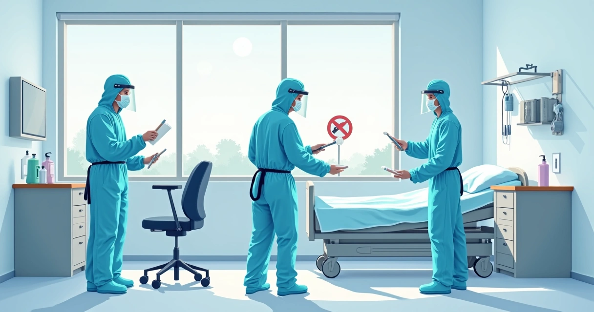 Impacto da higiene das mãos no controle de patógenos como C. difficile e norovírus 3 Equipe de limpeza desinfetando equipamentos hospitalares, roupas de proteção, foco no cuidado