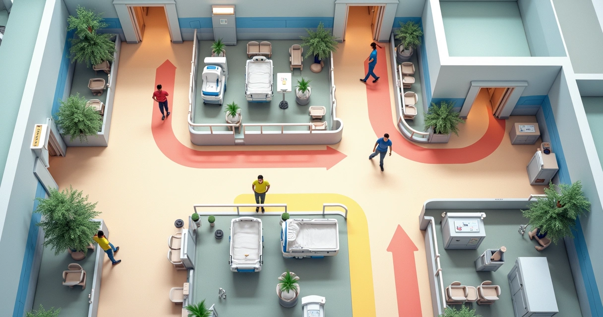 Fluxo de pacientes em hospital com setas indicando caminho otimizado 
