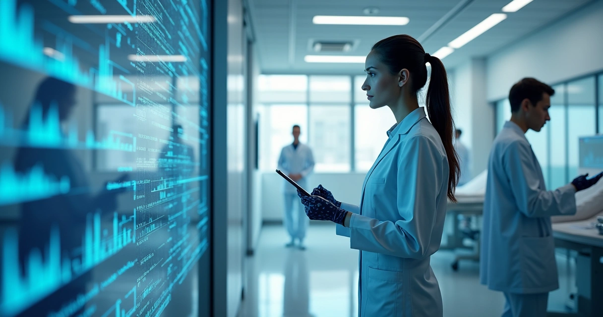 Ambiente hospitalar futurista com robôs e telas digitais interagindo com profissionais de saúde 