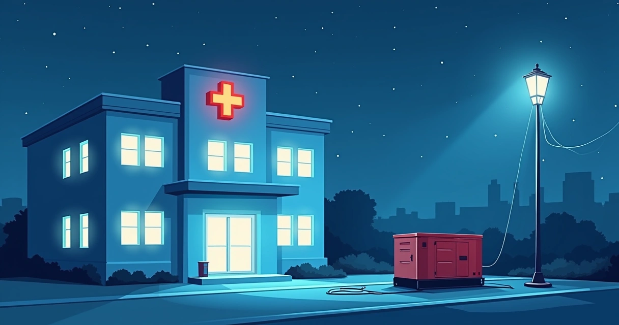 Gerador de emergência instalado ao lado do hospital com luzes acesas durante a noite 