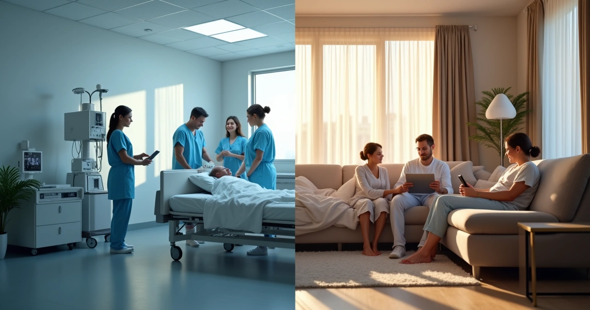 Comparação entre hospital e atendimento home care com equipe médica e hospitalar ao fundo 