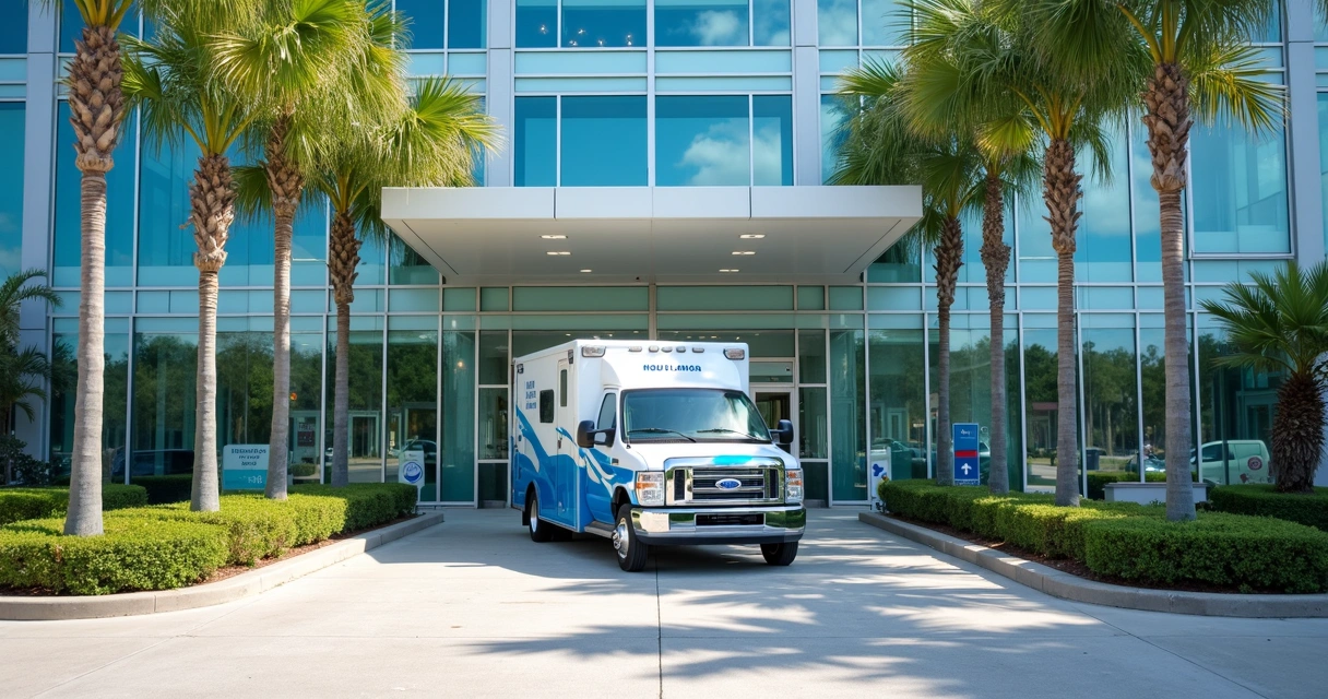 Entrada de hospital infantil moderno em Orlando, com ambulância parada