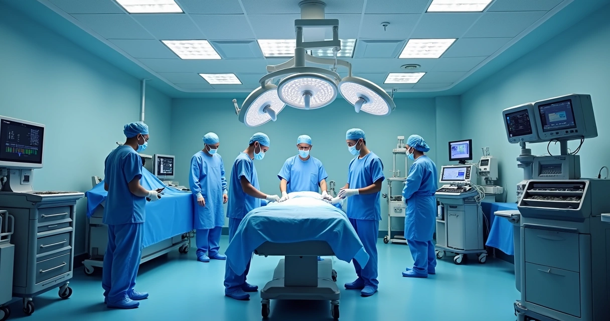 Sala de cirurgia moderna com equipe médica pronta 