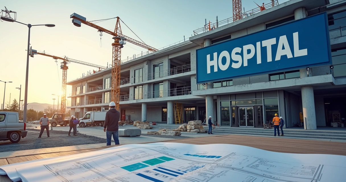 Obra hospitalar com câmeras monitorando canteiro