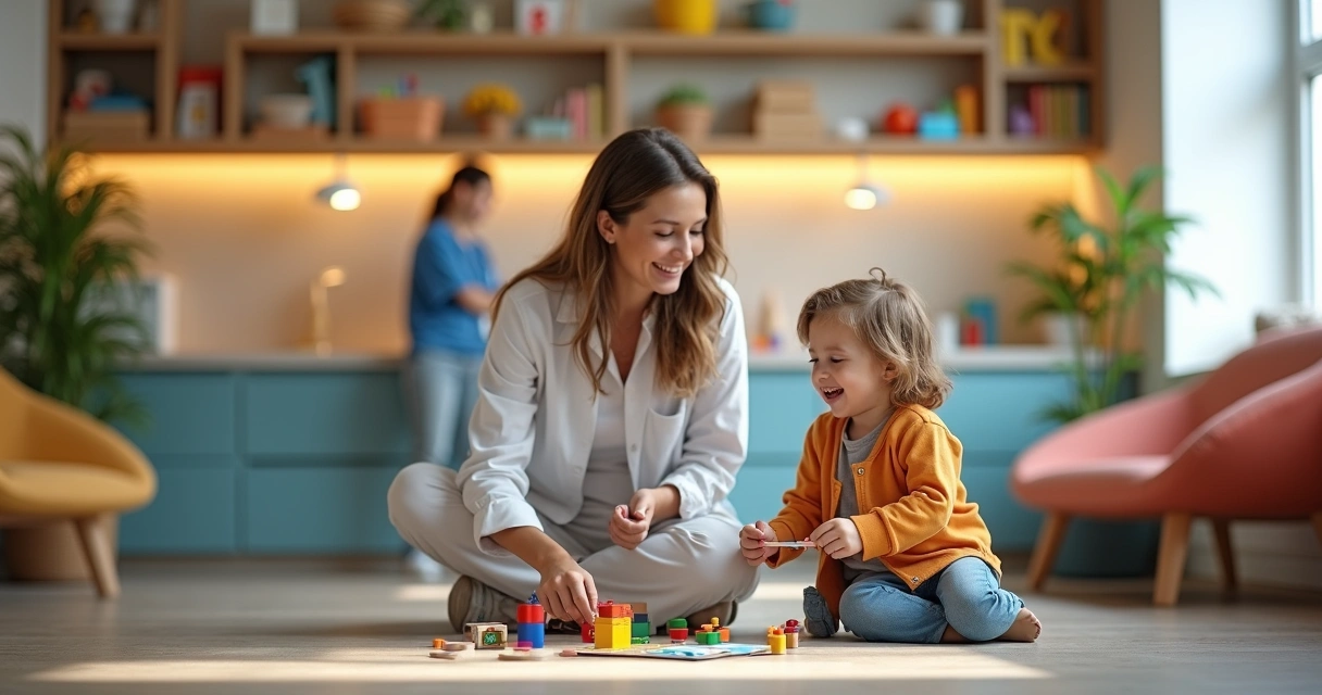 Ambiente de consultório adaptado para autistas com iluminação suave e brinquedos sensoriais