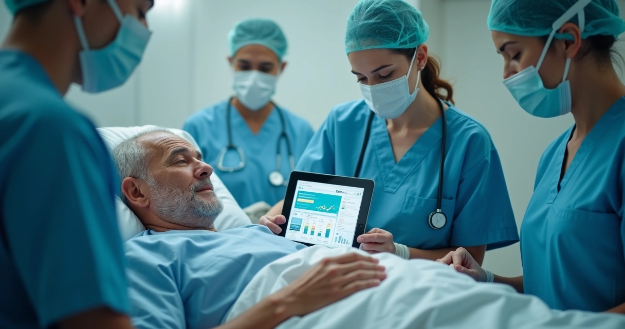 Paciente hospitalizado com equipe médica multidisciplinar usando tablets com gráficos e dados digitais 