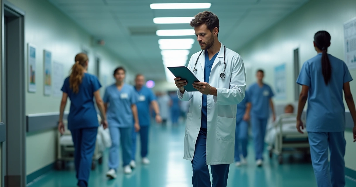 Doctor hurrying down a busy hospital corridor, glancing at a financial report on a tablet 