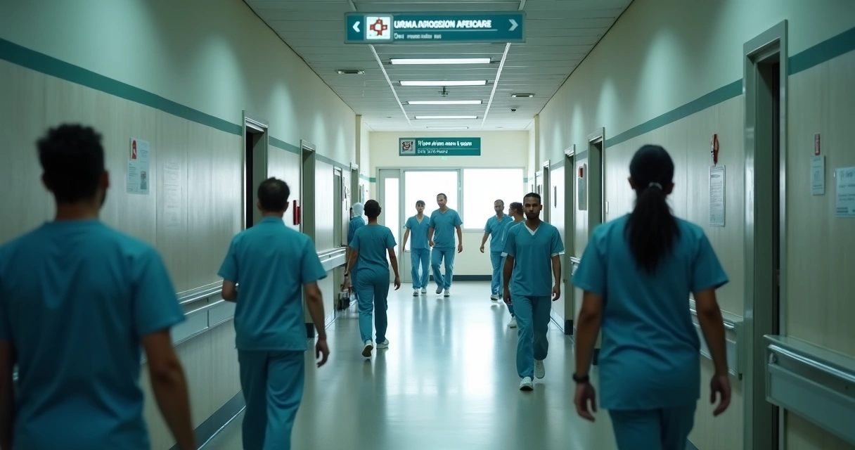 Corredor movimentado de hospital público brasileiro com equipe médica
