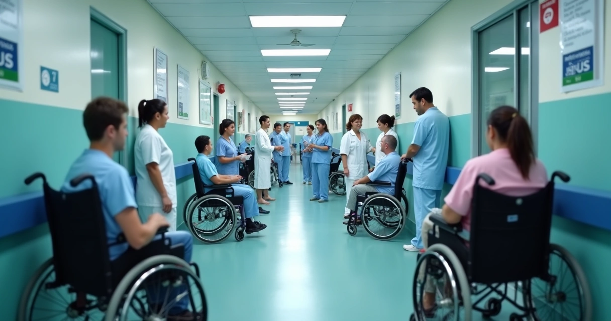 Corredor de hospital público com pacientes sendo atendidos 