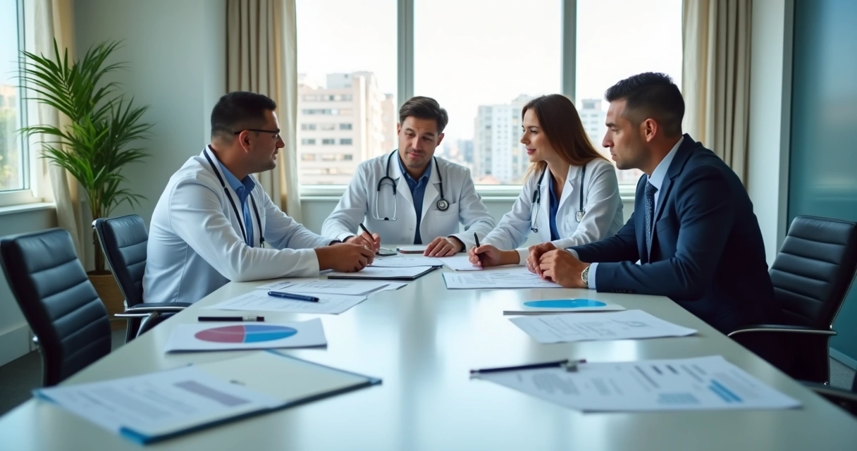 Profissionais de saúde analisando documentos fiscais em um escritório moderno. 
