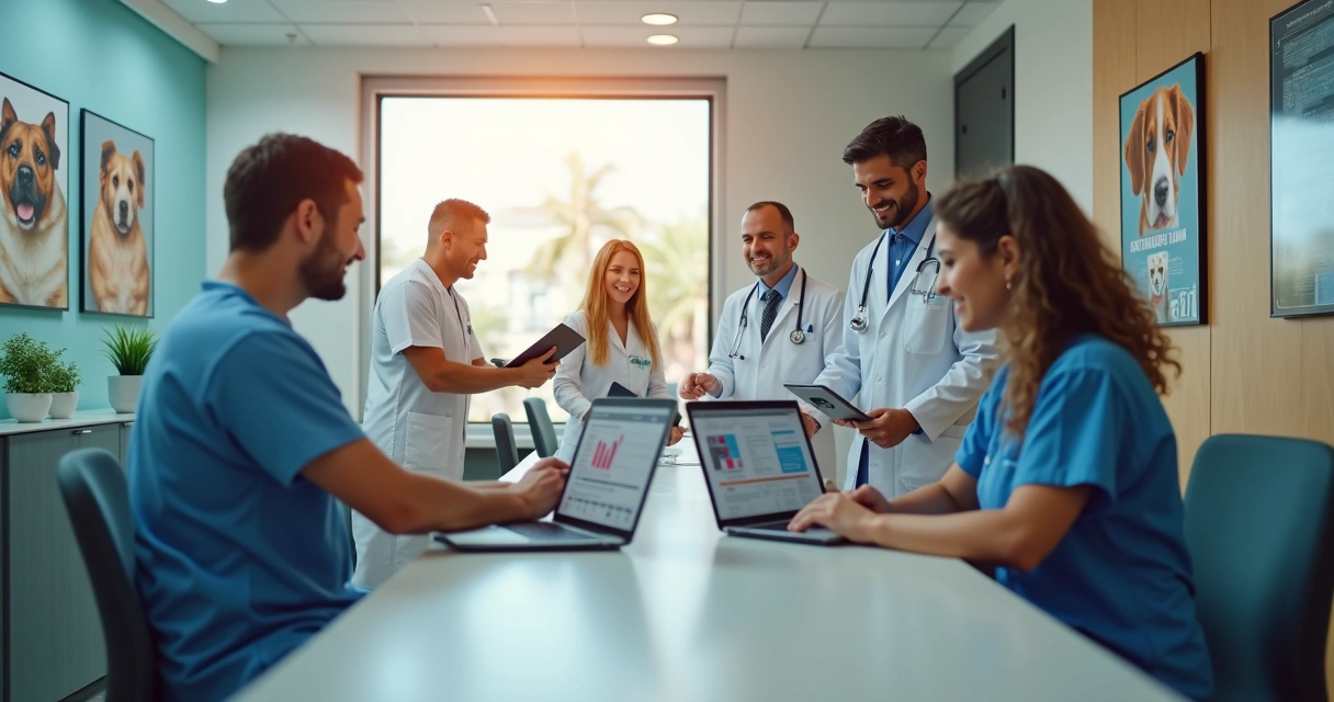 Clínica veterinária moderna com equipe usando computadores e smartphones para marketing digital e atendimento online 