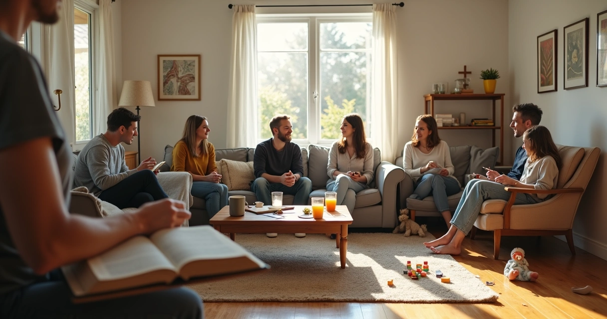 Sala aconchegante cheia de famílias conversando e crianças brincando 