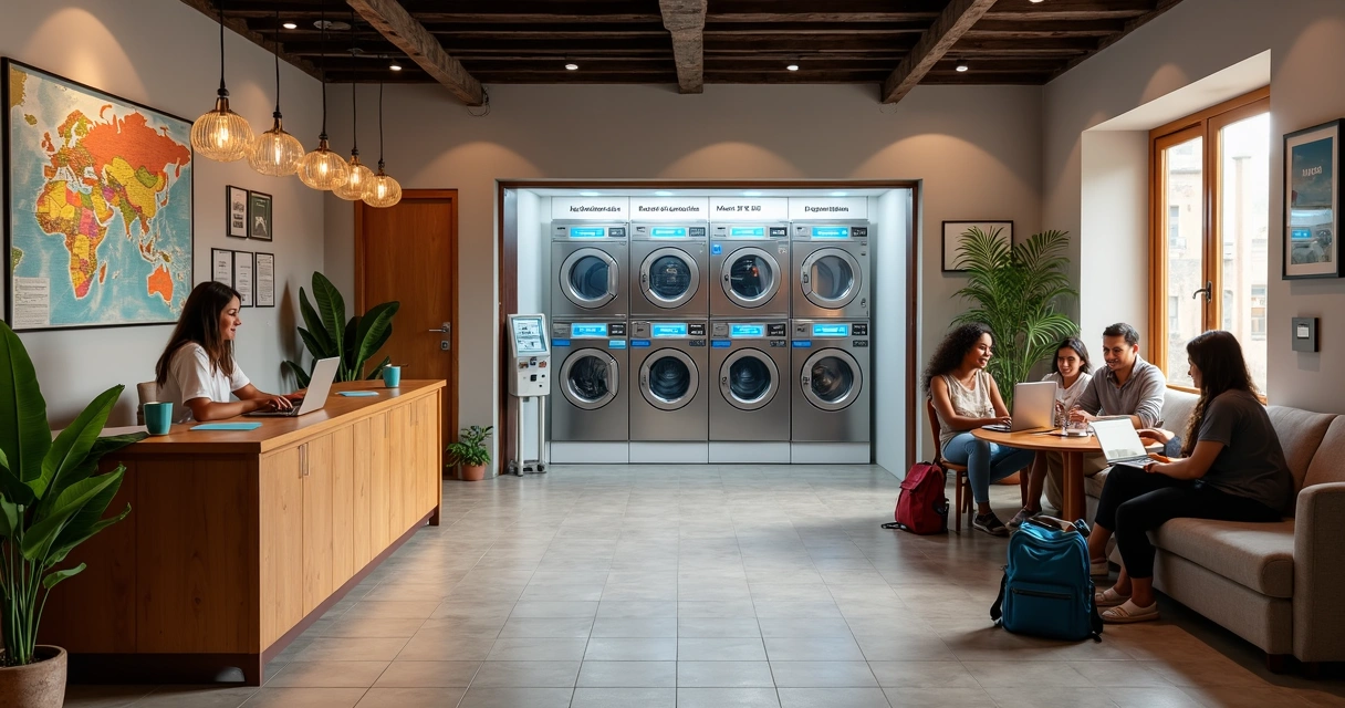 Recepção de hostel moderno com lavanderia de autoatendimento ao fundo 