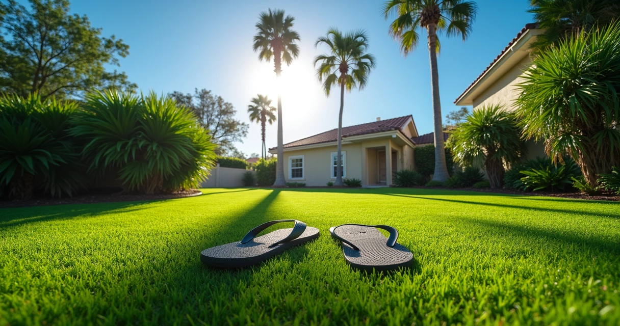 Bright sun shining on artificial grass in a Florida backyard 