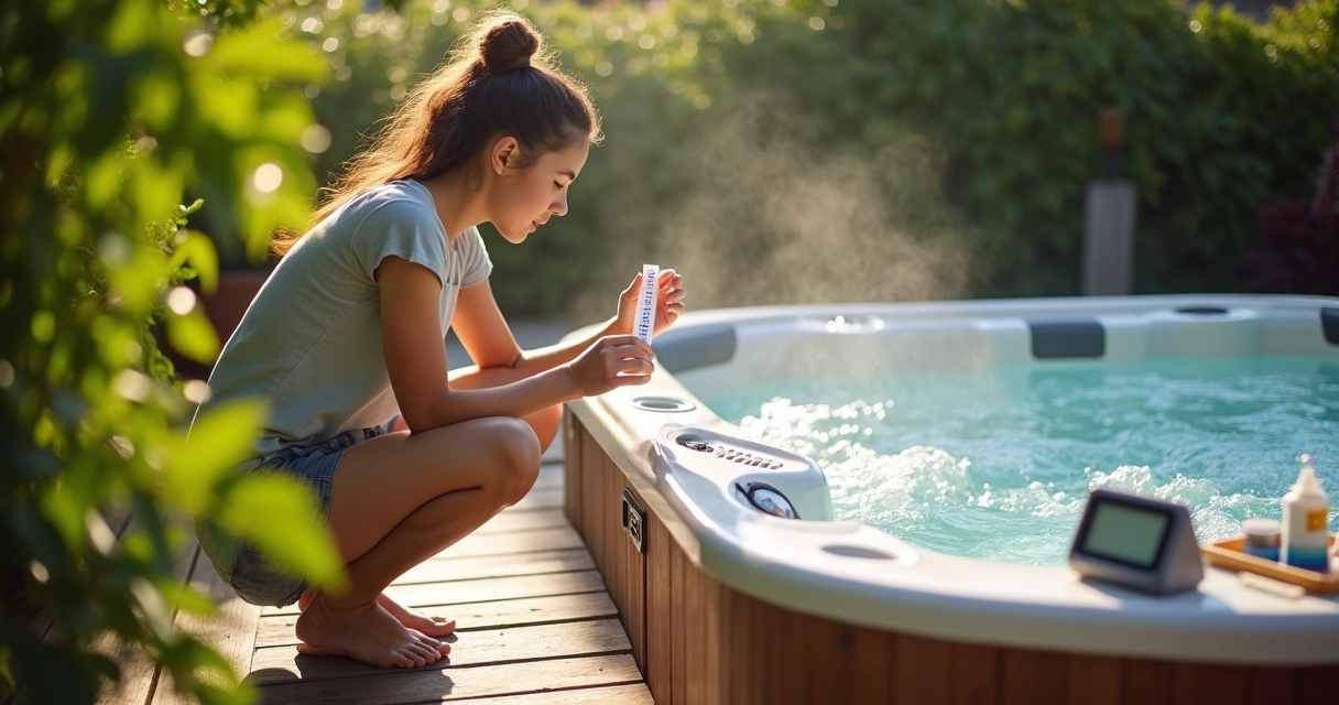 Person testing water in a hot tub outside 