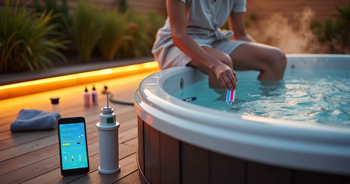 Homeowner testing water in an outdoor hot tub at sunset 