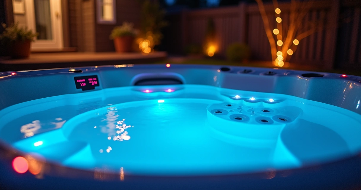 Modern hot tub at night with smart monitoring display 