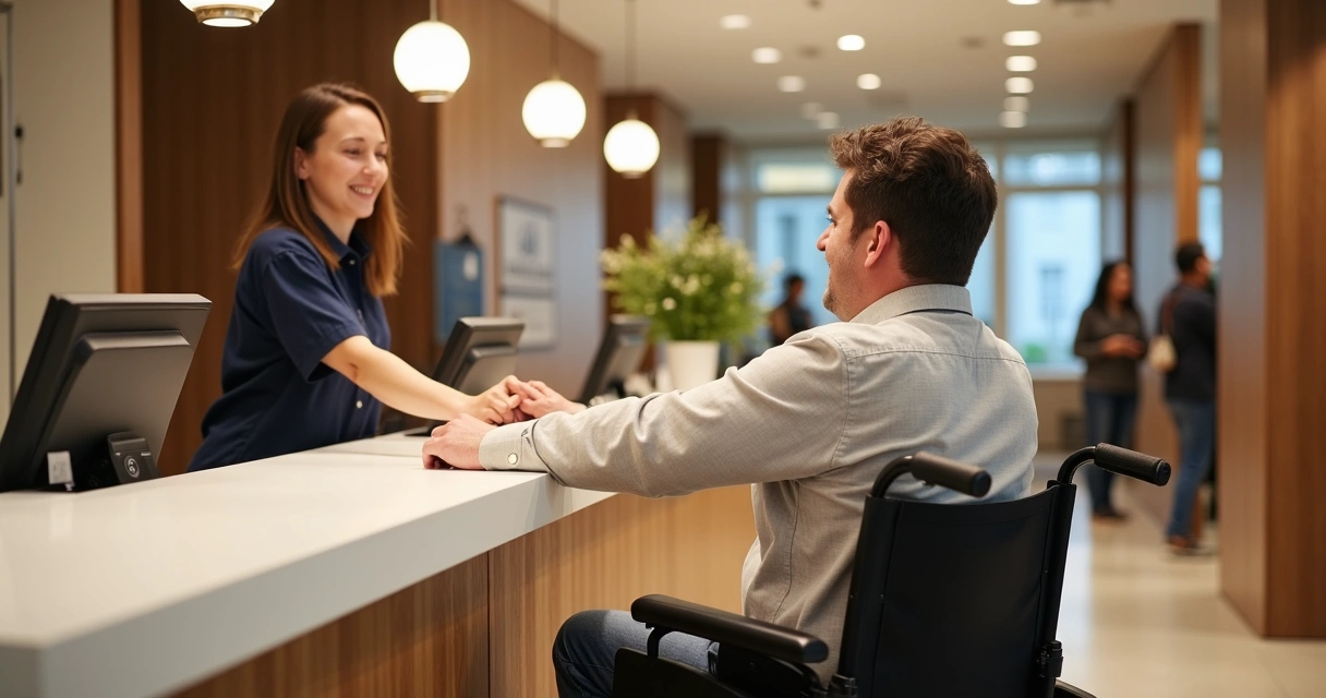 Recepcionista de hotel atendendo hóspede cadeirante no balcão adaptado 