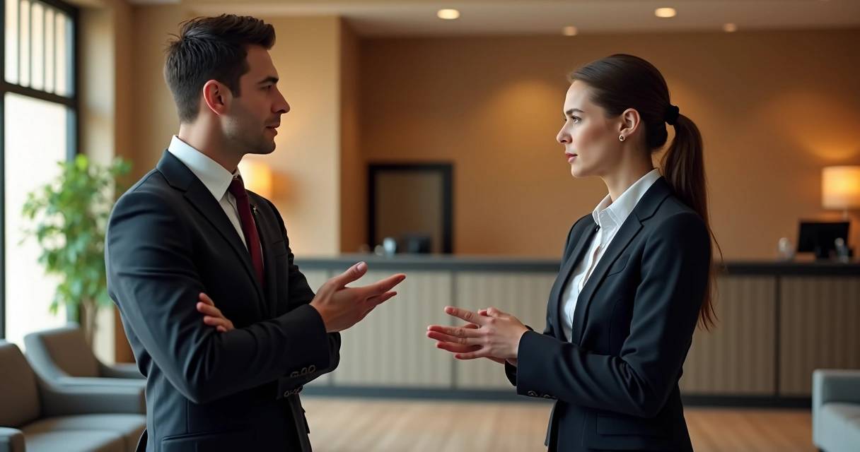 Recepcionista de hotel ouvindo hóspede insatisfeito 