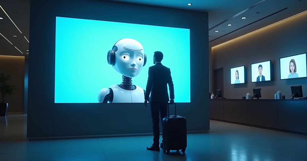 Recepcionista virtual atendendo hóspede frustrado em balcão de hotel moderno 